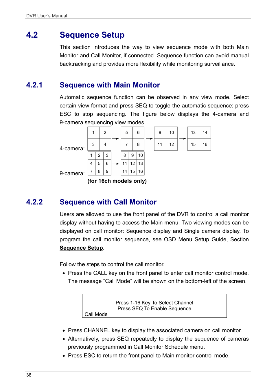 2 sequence setup, 1 sequence with main monitor, 2 sequence with call monitor | ARM Electronics DVRHD User Manual | Page 39 / 78