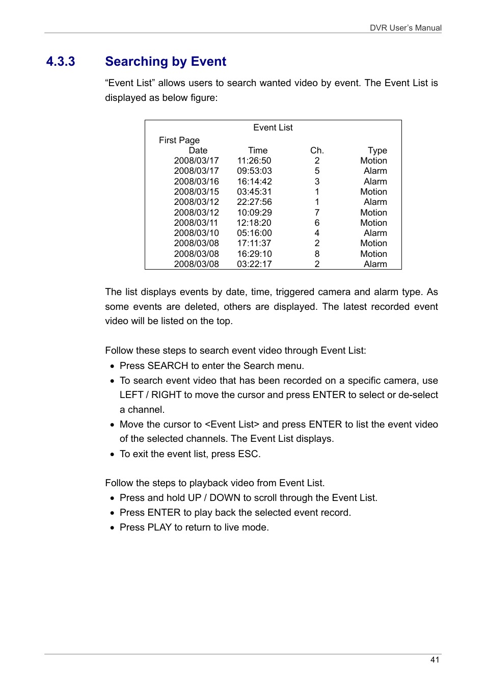 3 searching by event | ARM Electronics DVRHD User Manual | Page 42 / 78