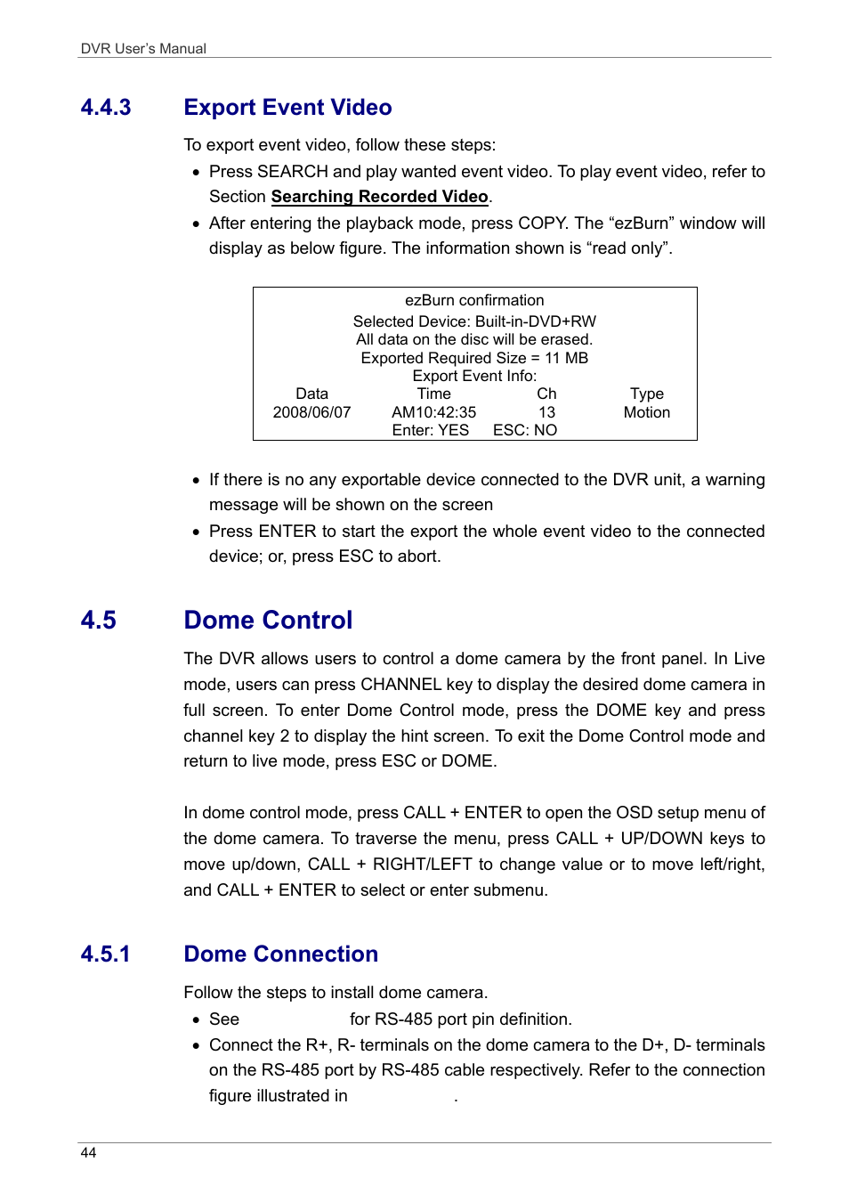 5 dome control, 3 export event video, 1 dome connection | ARM Electronics DVRHD User Manual | Page 45 / 78