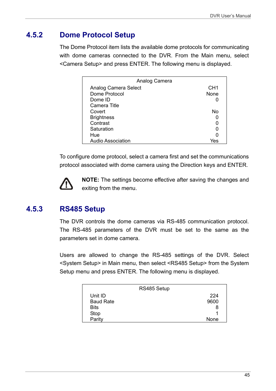 2 dome protocol setup, 3 rs485 setup | ARM Electronics DVRHD User Manual | Page 46 / 78