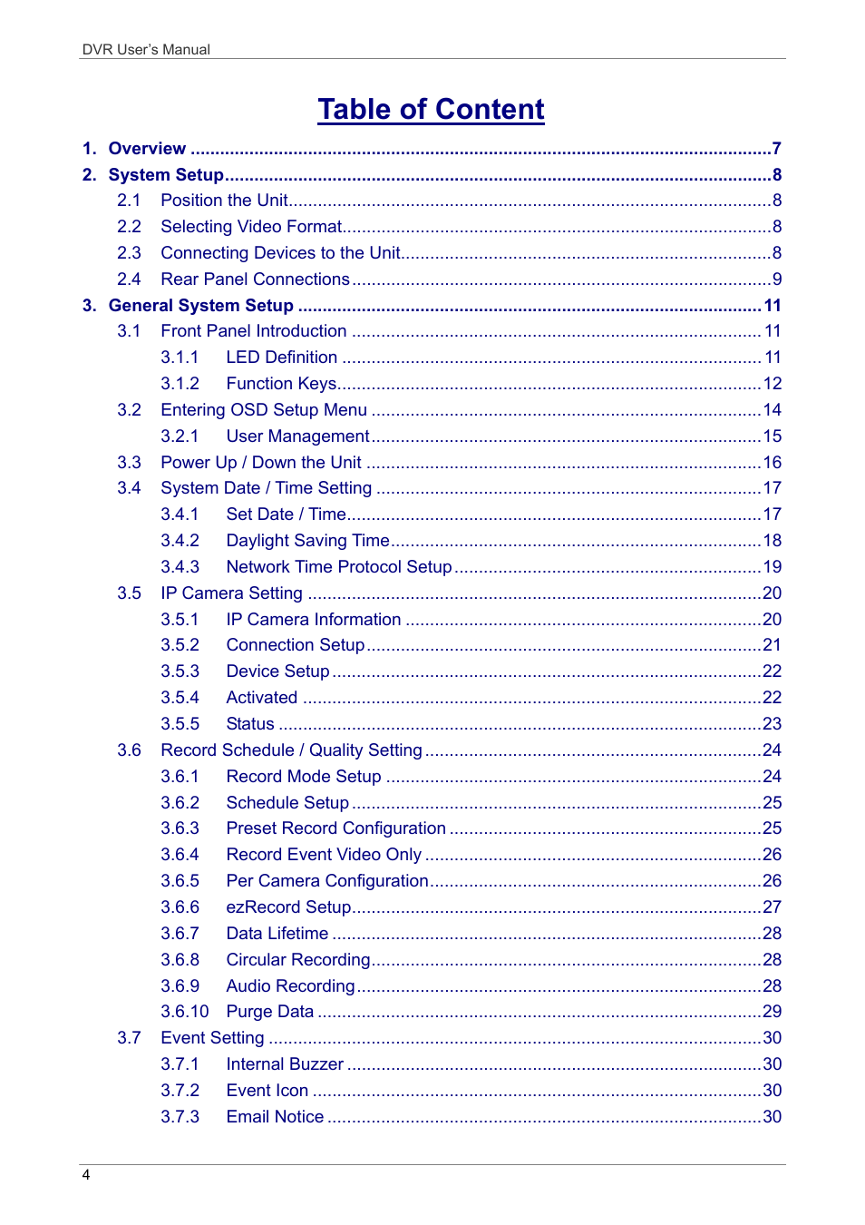 Table of content | ARM Electronics DVRHD User Manual | Page 5 / 78