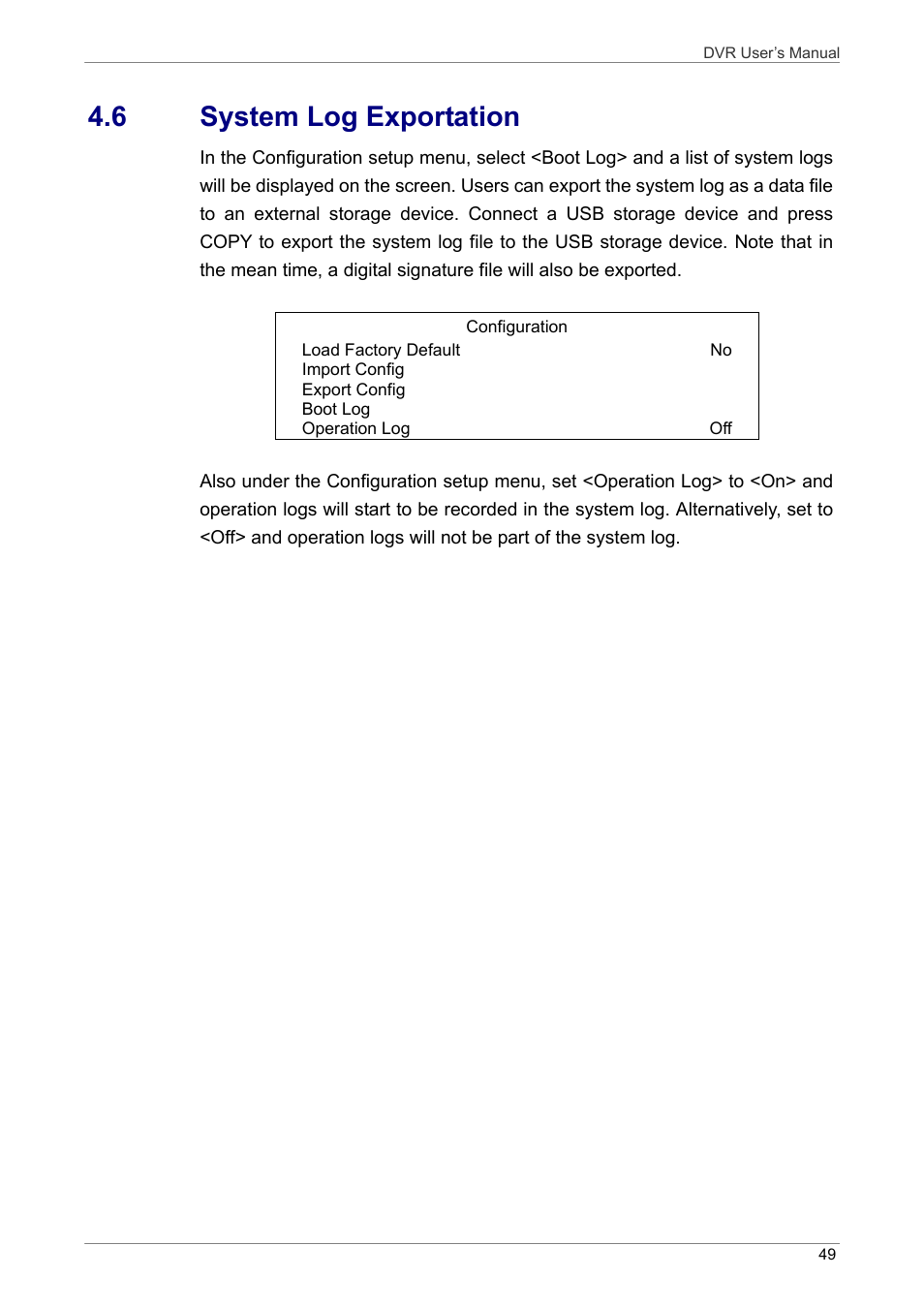 6 system log exportation | ARM Electronics DVRHD User Manual | Page 50 / 78