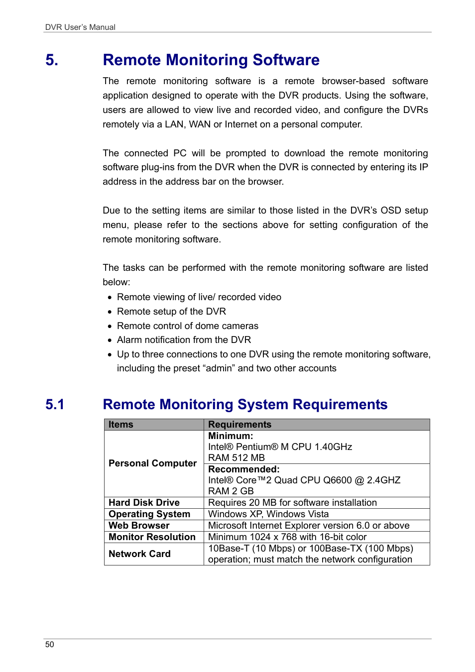 Remote monitoring software, 1 remote monitoring system requirements | ARM Electronics DVRHD User Manual | Page 51 / 78