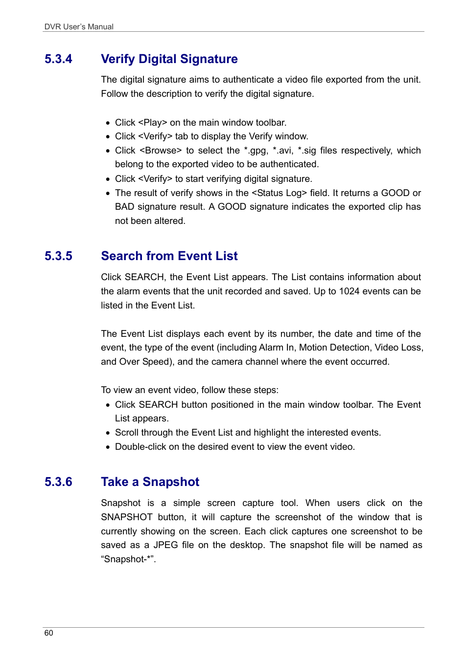 4 verify digital signature, 5 search from event list, 6 take a snapshot | ARM Electronics DVRHD User Manual | Page 61 / 78