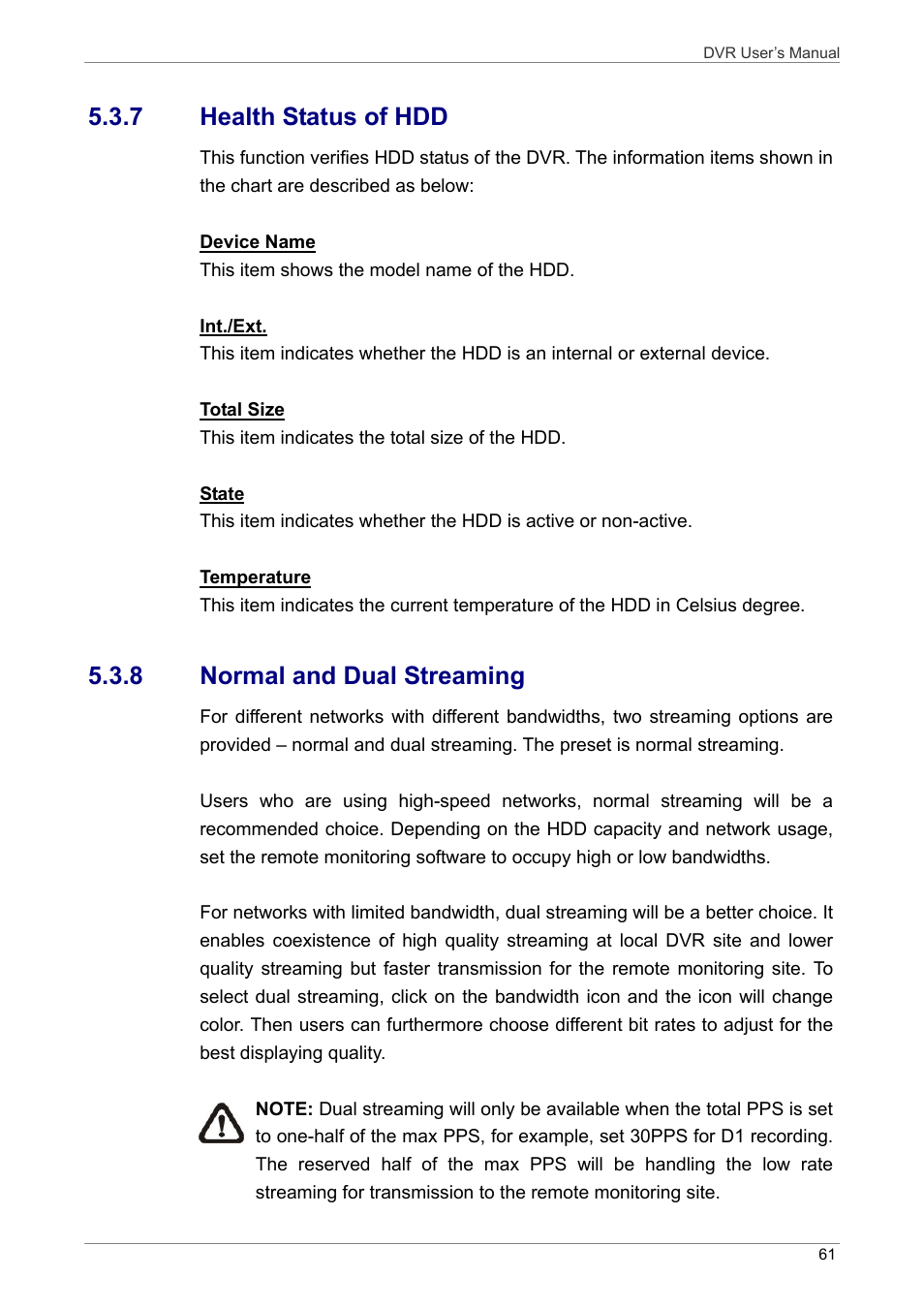 7 health status of hdd, 8 normal and dual streaming | ARM Electronics DVRHD User Manual | Page 62 / 78