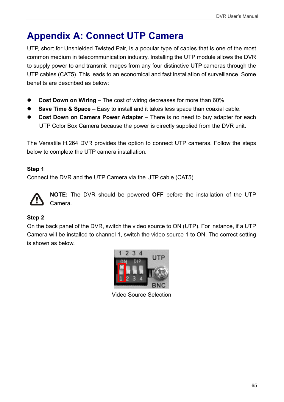 Appendix a: connect utp camera | ARM Electronics DVRHD User Manual | Page 66 / 78