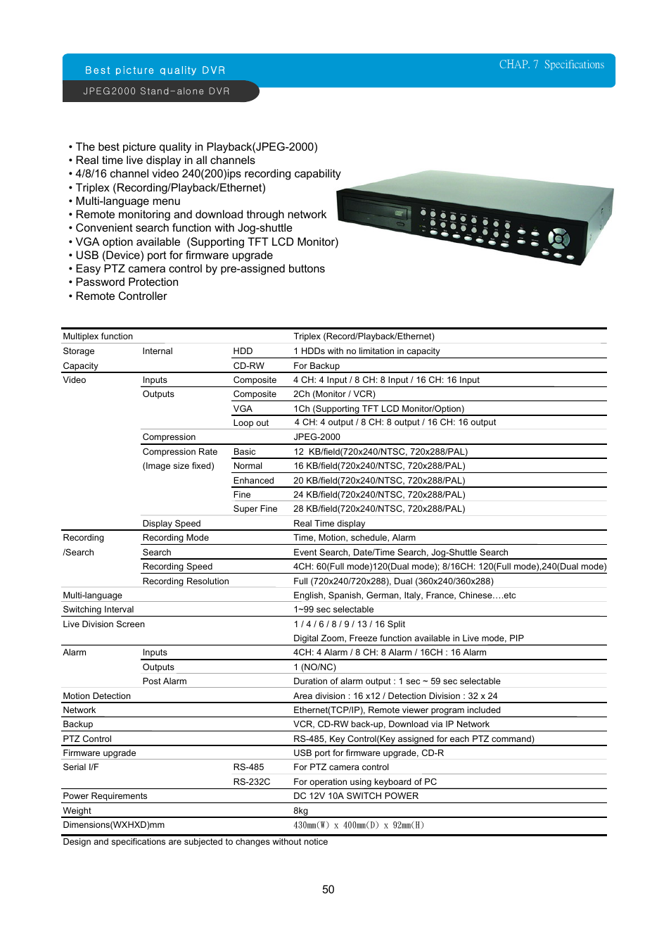 Chap. 7 specifications, 50 chap. 7 specifications | ARM Electronics JDVR User Manual | Page 51 / 53