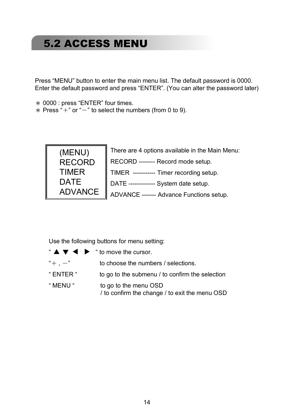 2 access menu, Menu) record timer date advance | ARM Electronics RDVR16A User Manual | Page 18 / 60