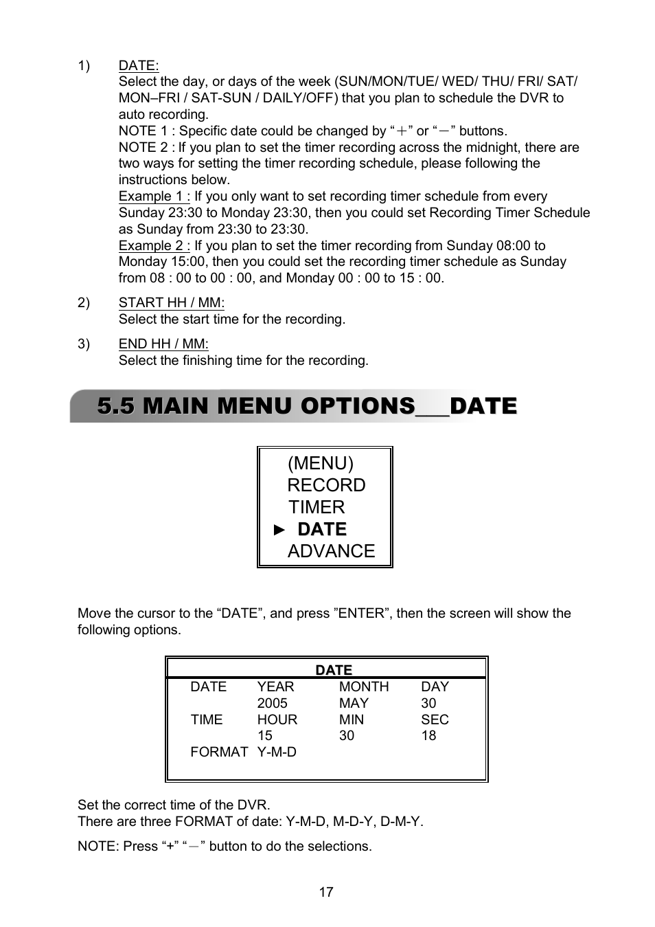 5 main menu options___date, Menu) record timer, Date | Date advance | ARM Electronics RDVR16A User Manual | Page 21 / 60