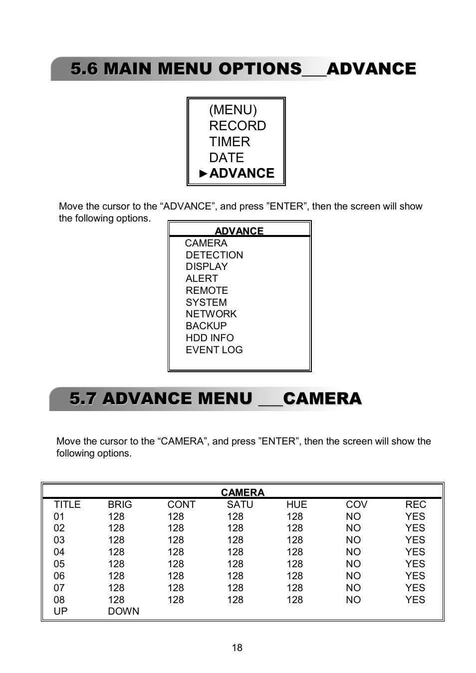 6 main menu options___advance, 7 advance menu ___camera, Menu) record timer date | Advance | ARM Electronics RDVR16A User Manual | Page 22 / 60
