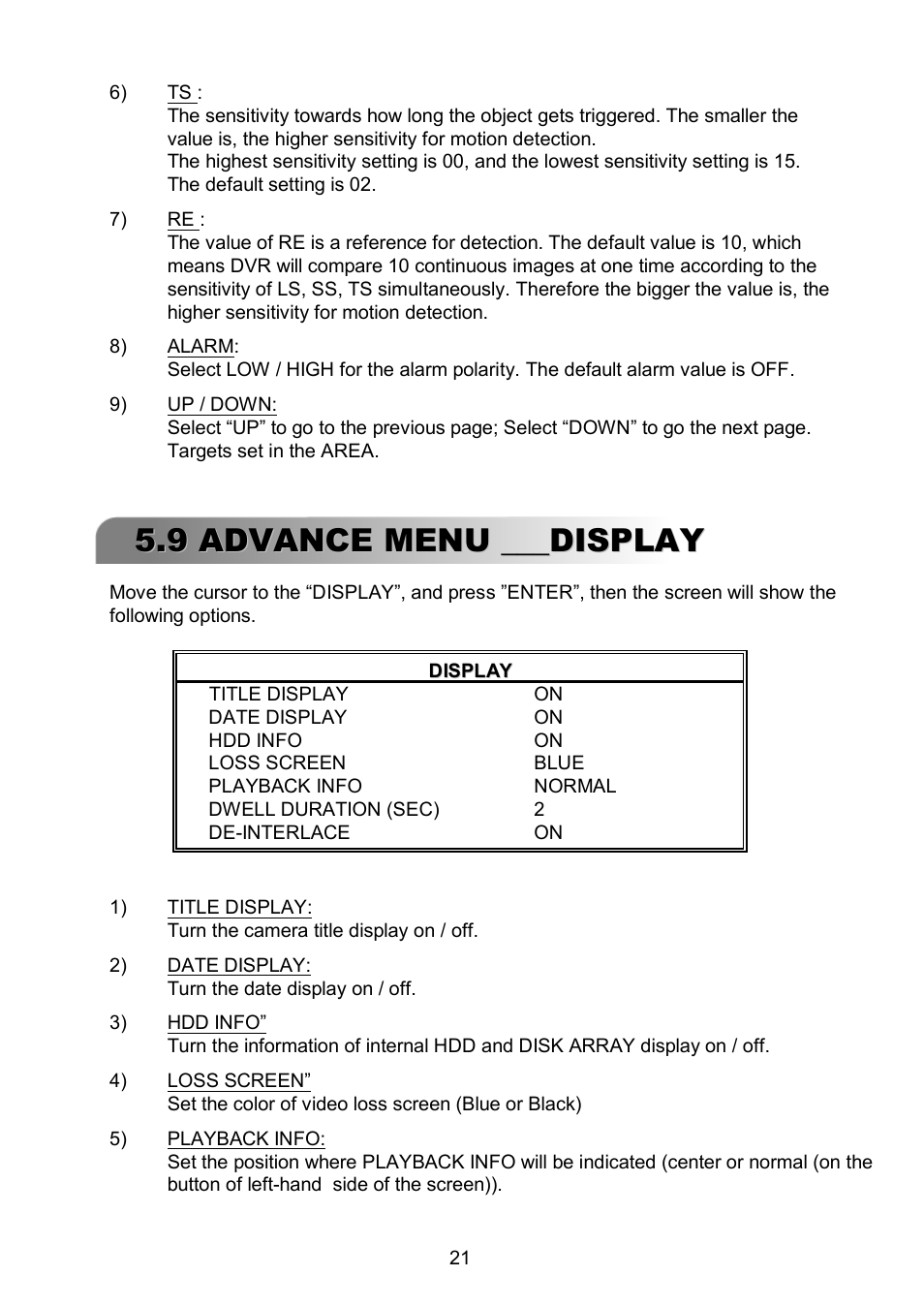 9 advance menu ___display | ARM Electronics RDVR16A User Manual | Page 25 / 60