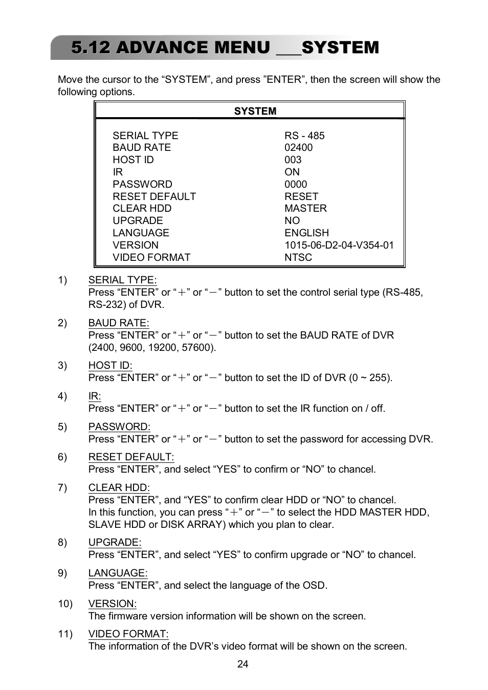 12 advance menu ___system | ARM Electronics RDVR16A User Manual | Page 28 / 60
