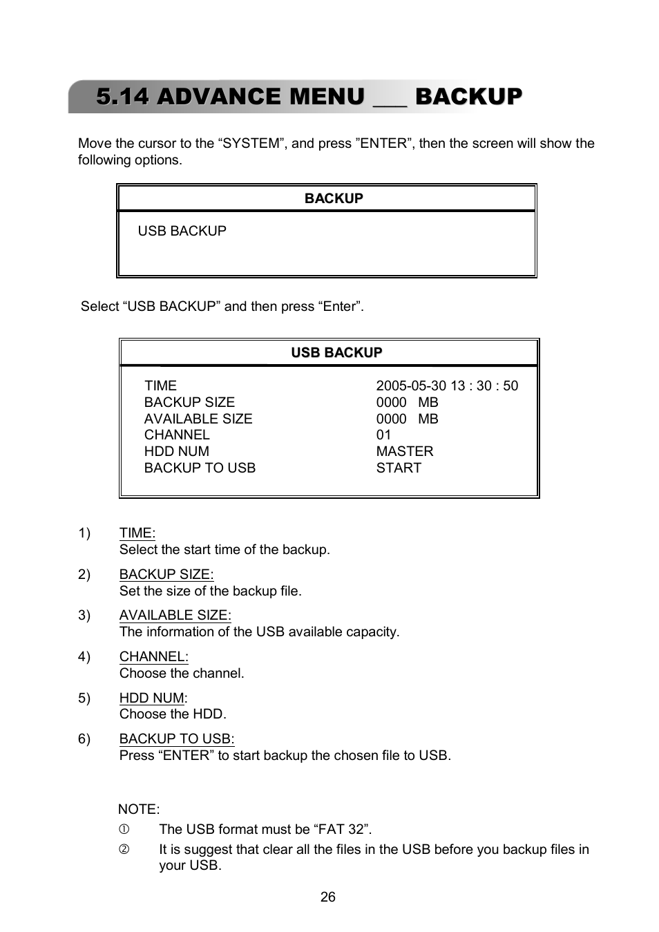 14 advance menu ___ backup | ARM Electronics RDVR16A User Manual | Page 30 / 60