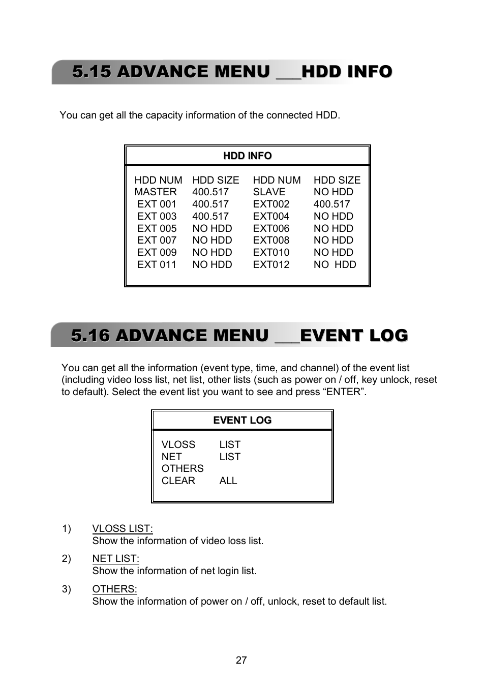 16 advance menu ___event log, 15 advance menu ___hdd info | ARM Electronics RDVR16A User Manual | Page 31 / 60