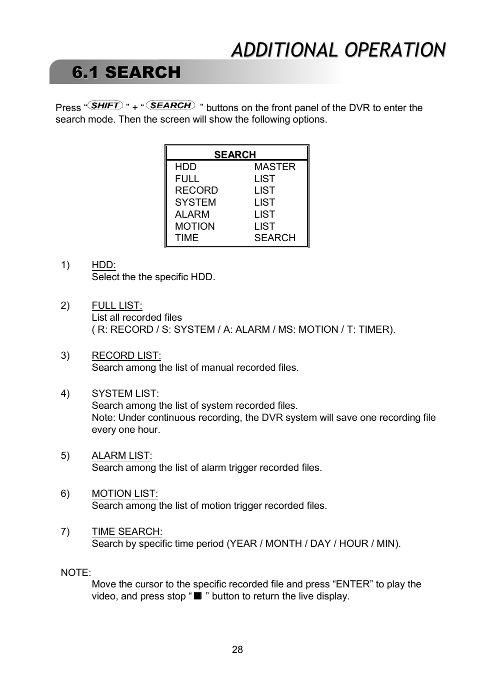 Additional operation, 1 search | ARM Electronics RDVR16A User Manual | Page 32 / 60