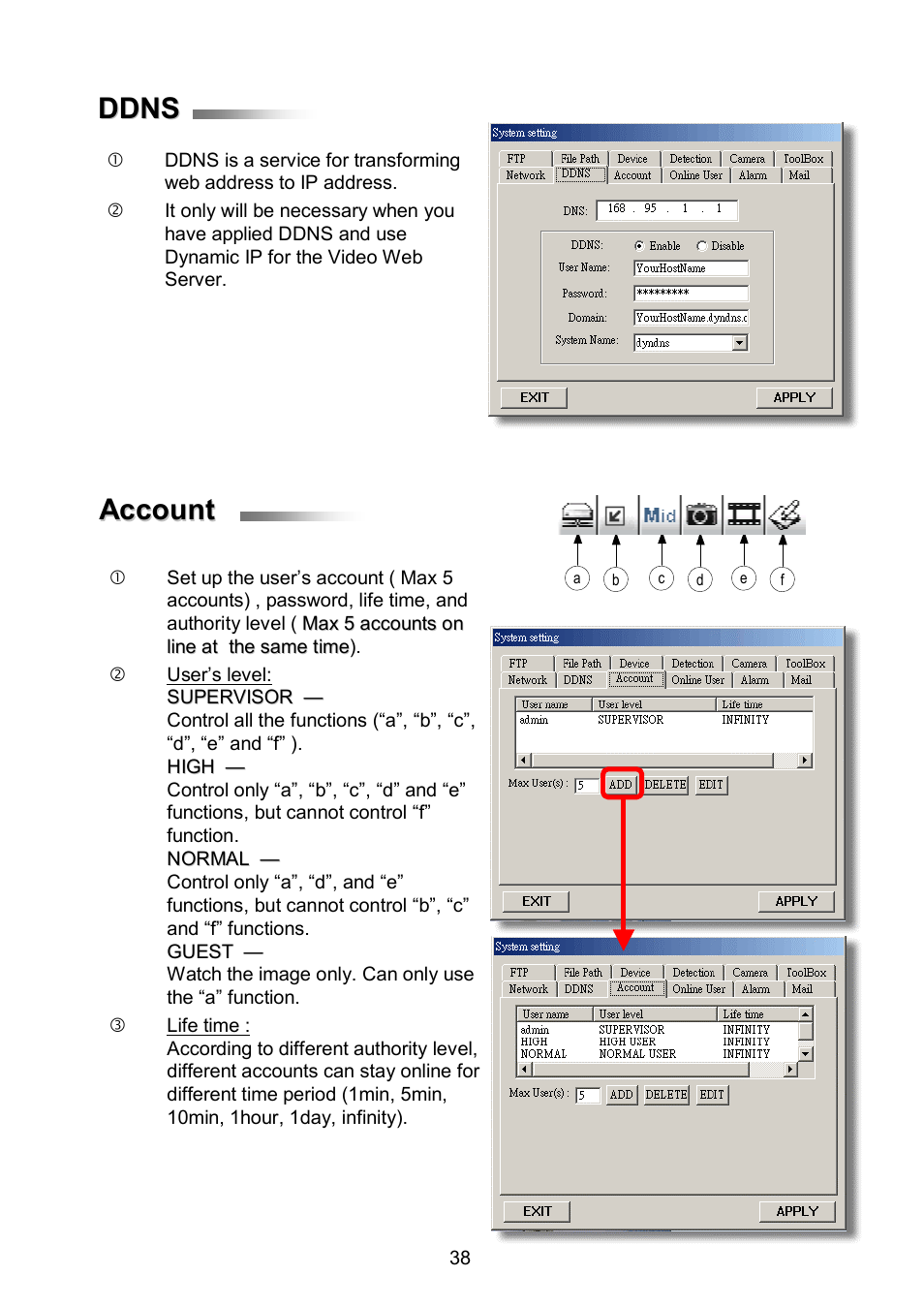 Account, Ddns | ARM Electronics RDVR16A User Manual | Page 42 / 60