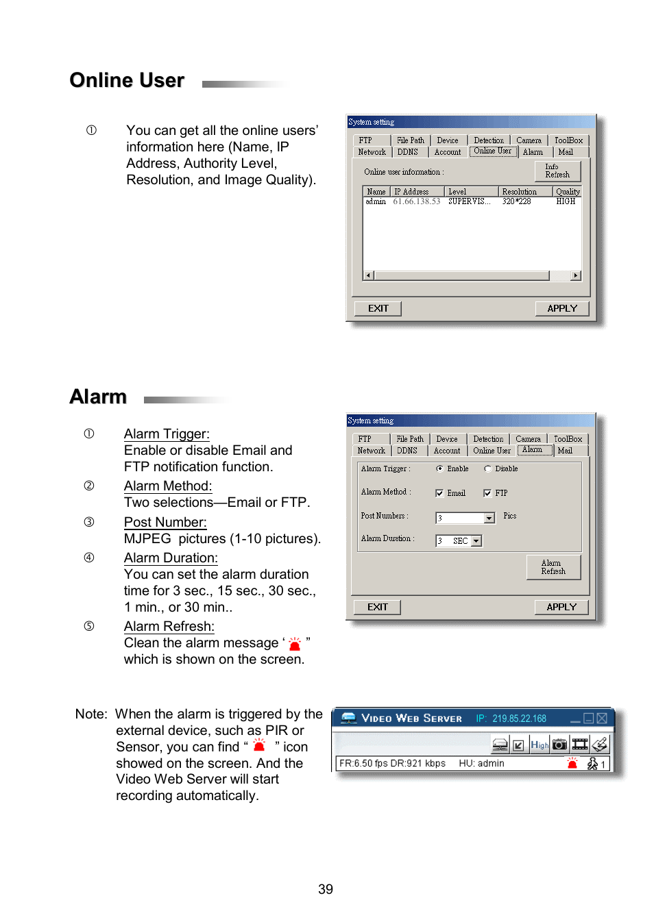 Online user, Online user alarm alarm | ARM Electronics RDVR16A User Manual | Page 43 / 60