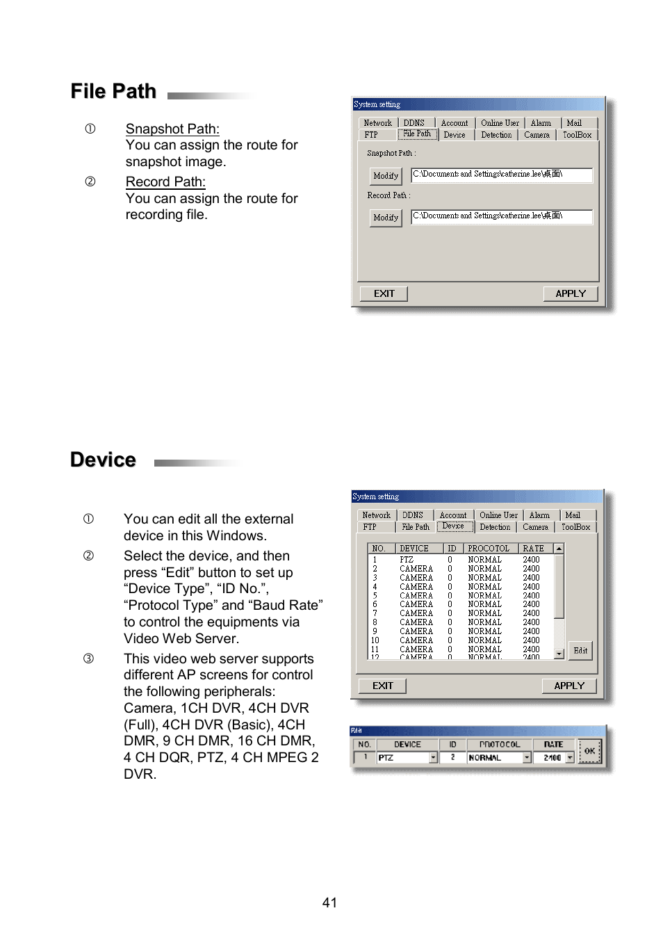 File path, Device | ARM Electronics RDVR16A User Manual | Page 45 / 60