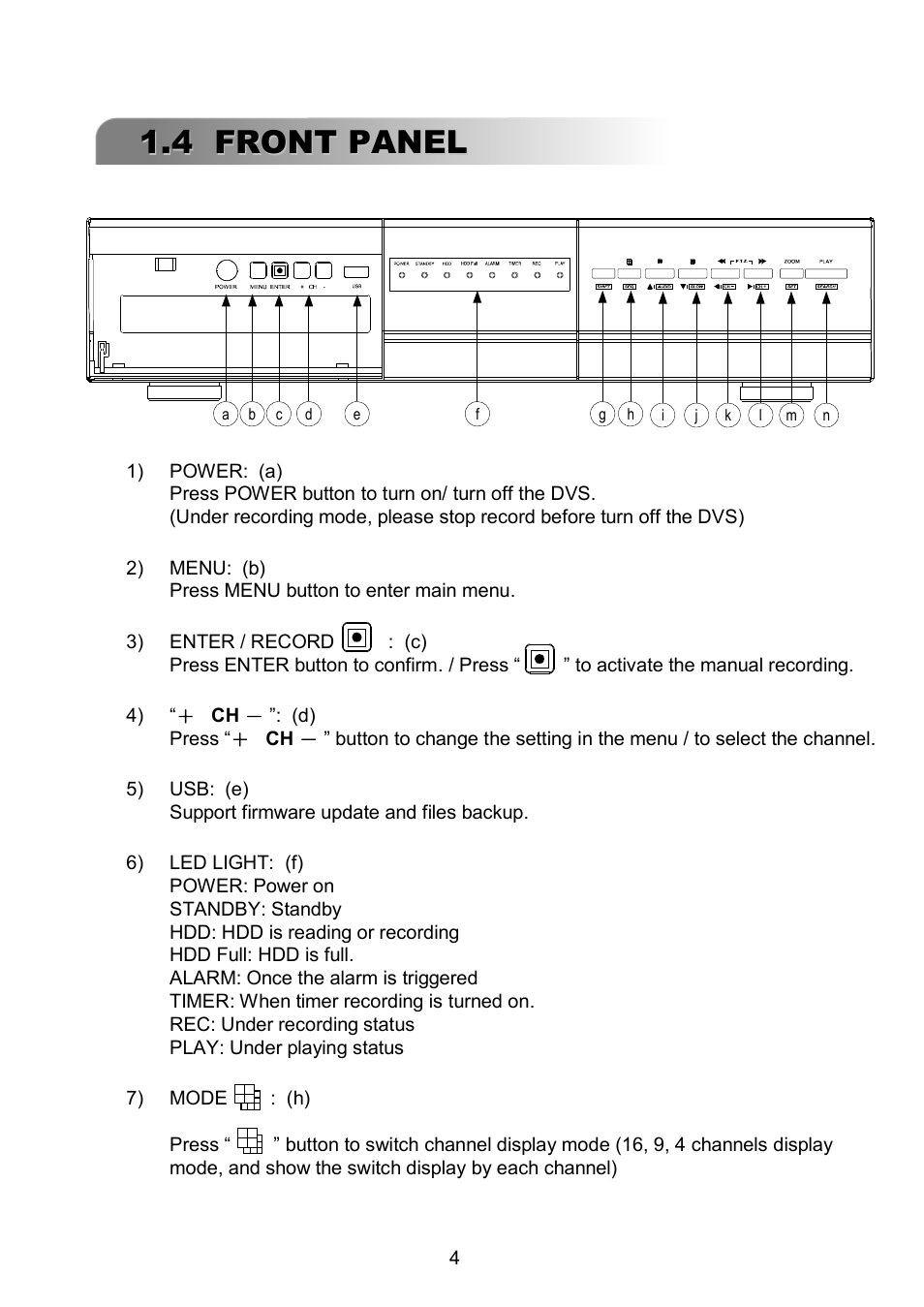 4 front panel | ARM Electronics RDVR16A User Manual | Page 8 / 60