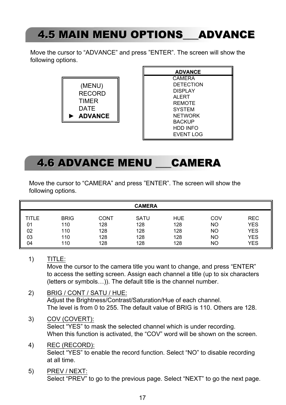 5 main menu options___advance, 6 advance menu ___camera | ARM Electronics RT4CD User Manual | Page 20 / 59