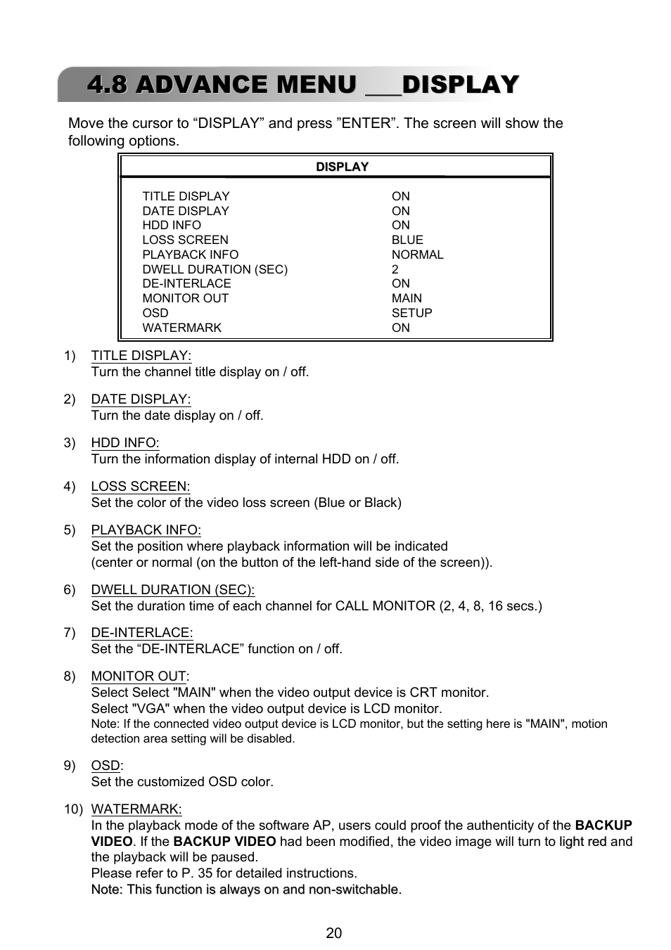 8 advance menu ___display | ARM Electronics RT4CD User Manual | Page 23 / 59