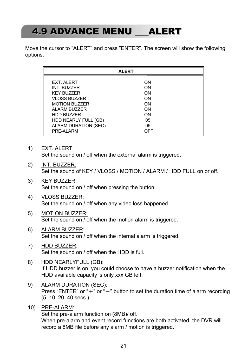 9 advance menu ___alert | ARM Electronics RT4CD User Manual | Page 24 / 59