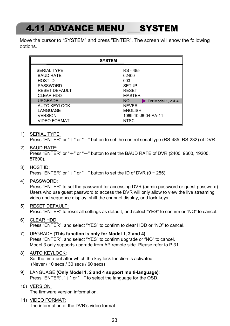 11 advance menu ___system | ARM Electronics RT4CD User Manual | Page 26 / 59