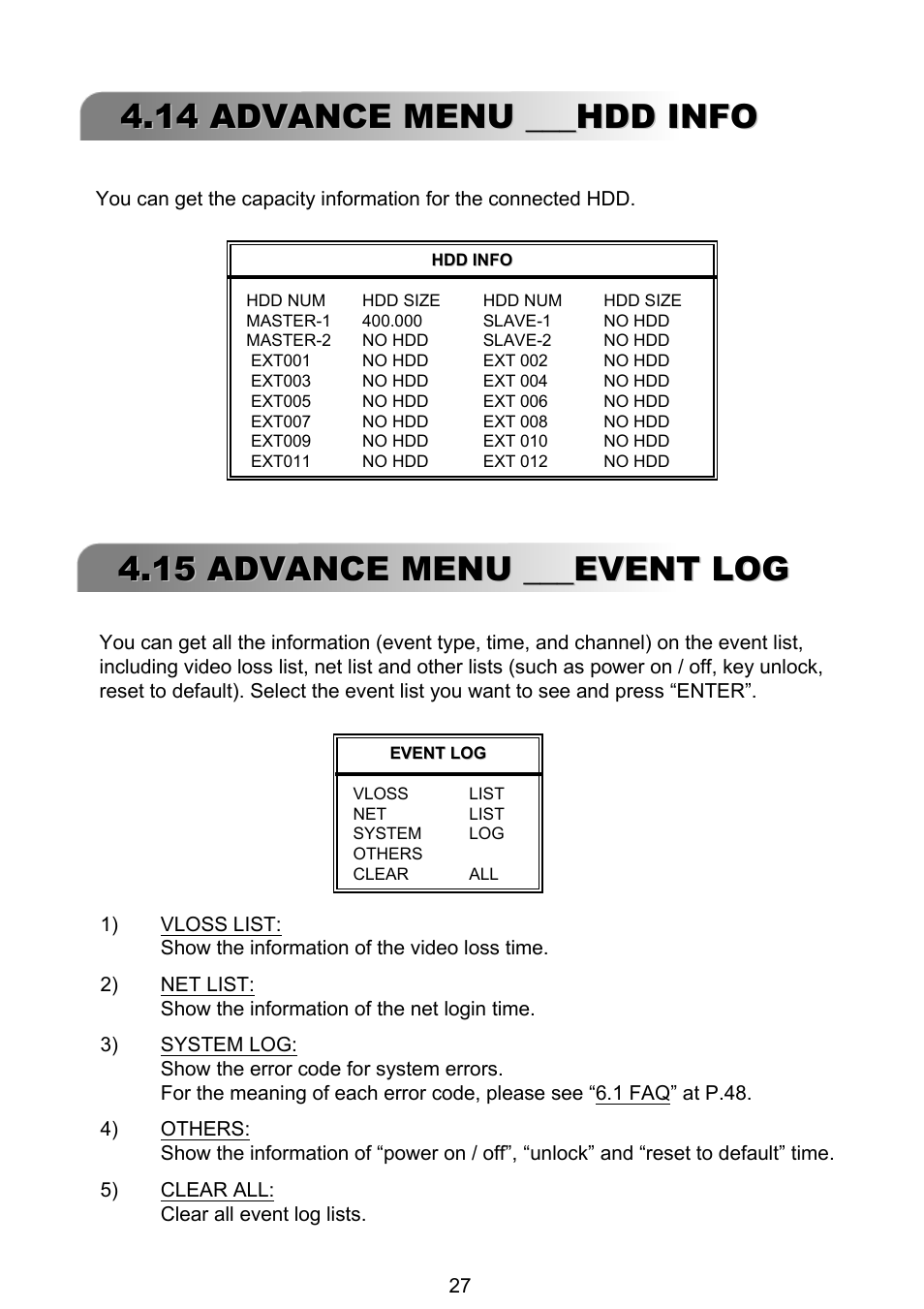 14 advance menu ___hdd info, 15 advance menu ___event log | ARM Electronics RT4CD User Manual | Page 30 / 59