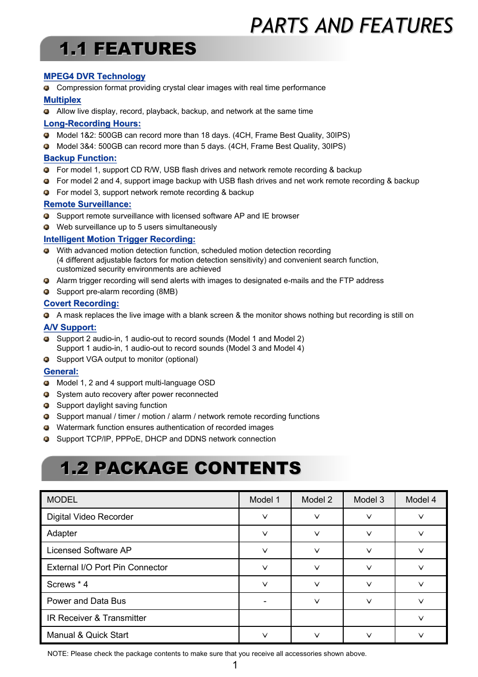 Parts and features, 1 features, 2 package contents | ARM Electronics RT4CD User Manual | Page 4 / 59
