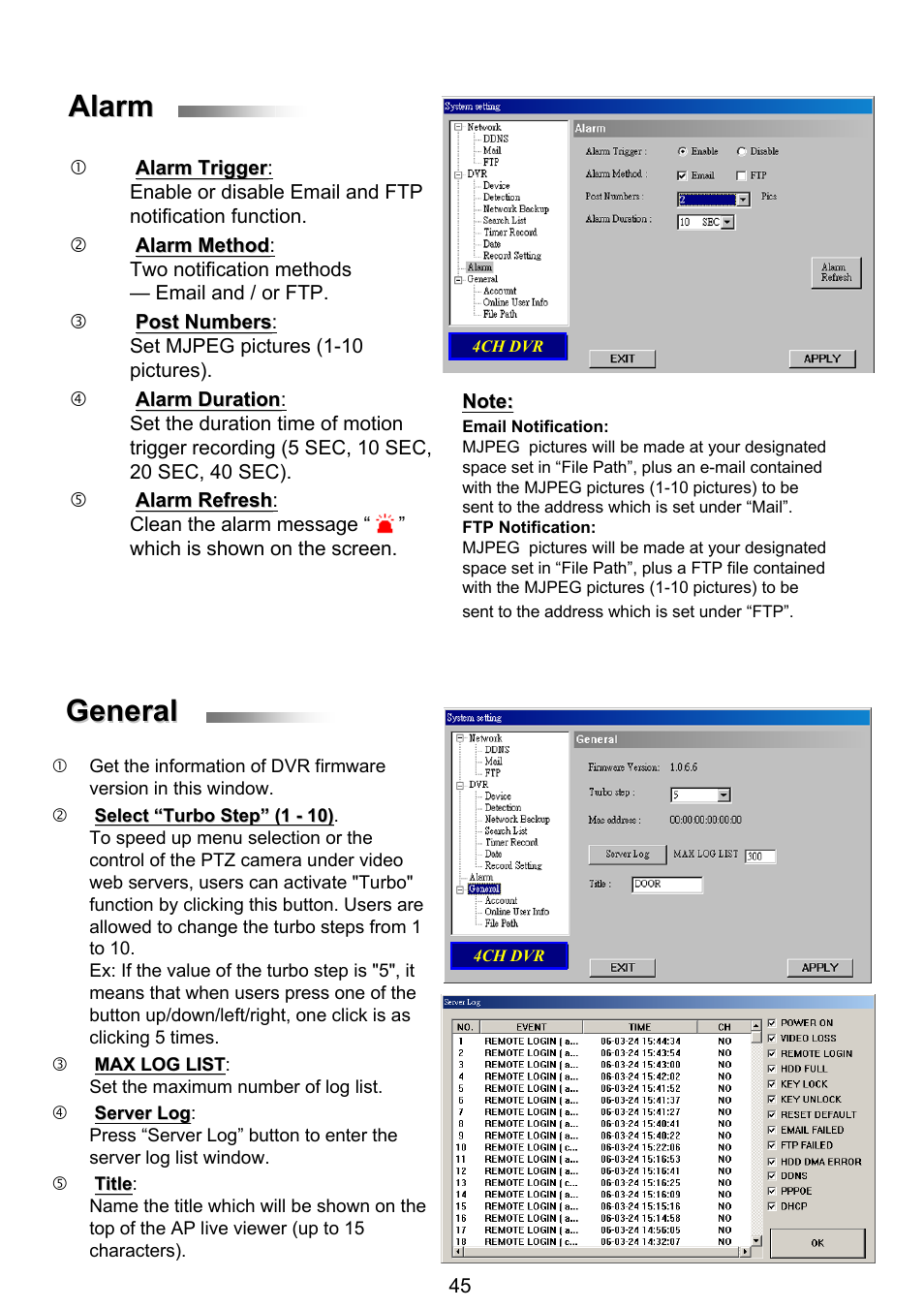 General, Alarm | ARM Electronics RT4CD User Manual | Page 48 / 59