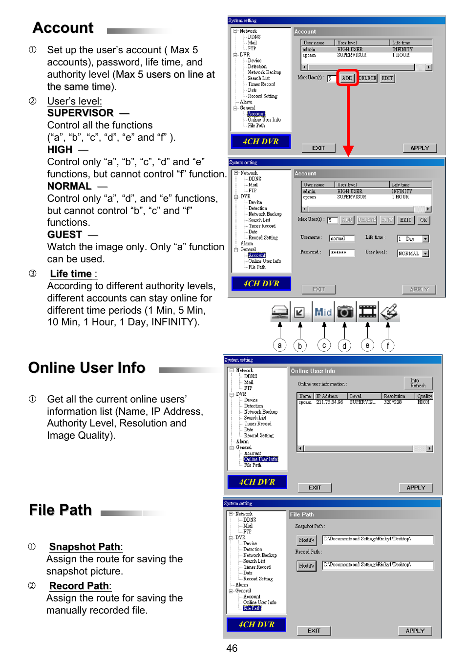 Online user info, File path, File path account account | ARM Electronics RT4CD User Manual | Page 49 / 59