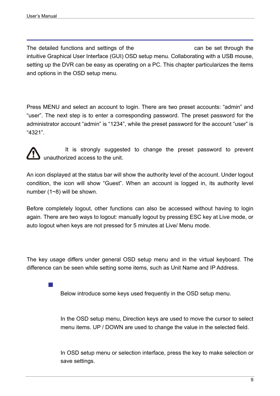 Menu system overview, Account and password, Key usage | Key usage in osd setup menu | ARM Electronics XR&HD480 OSD User Manual | Page 10 / 111