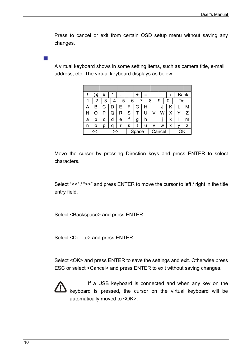 Key usage in virtual keyboard | ARM Electronics XR&HD480 OSD User Manual | Page 11 / 111