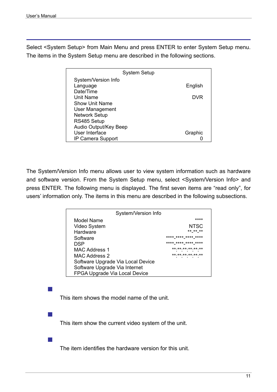 System setup, System/version info, Model name | Video system, Hardware | ARM Electronics XR&HD480 OSD User Manual | Page 12 / 111
