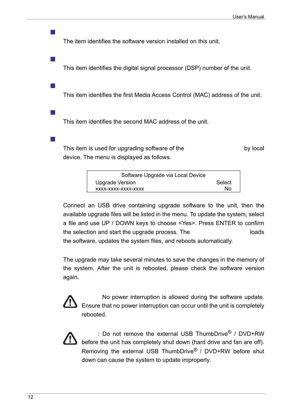 Software, Mac address 1, Mac address 2 | Software upgrade via local device | ARM Electronics XR&HD480 OSD User Manual | Page 13 / 111