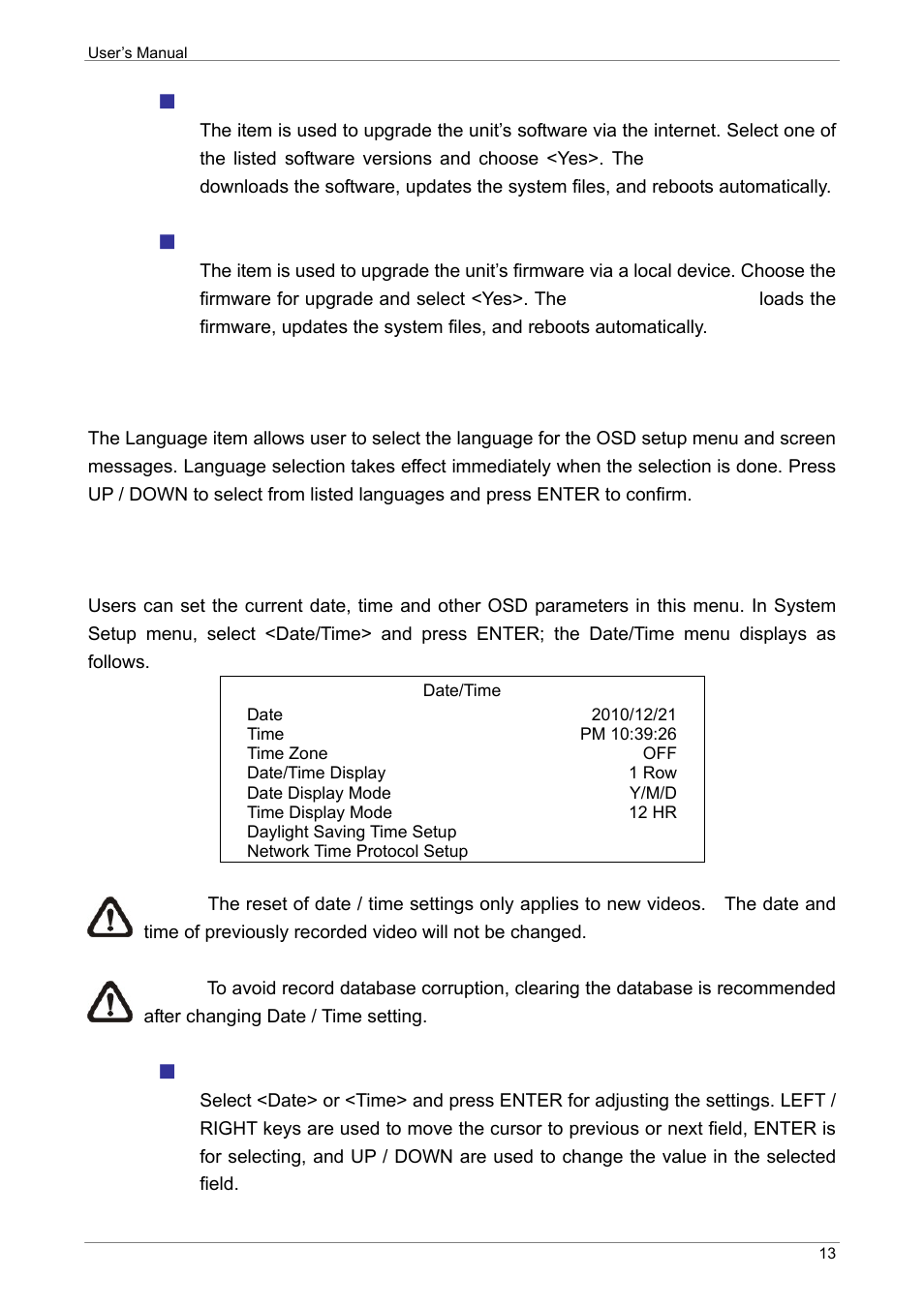 Language, Date / time, Software upgrade via internet | Fpga upgrade via local device | ARM Electronics XR&HD480 OSD User Manual | Page 14 / 111