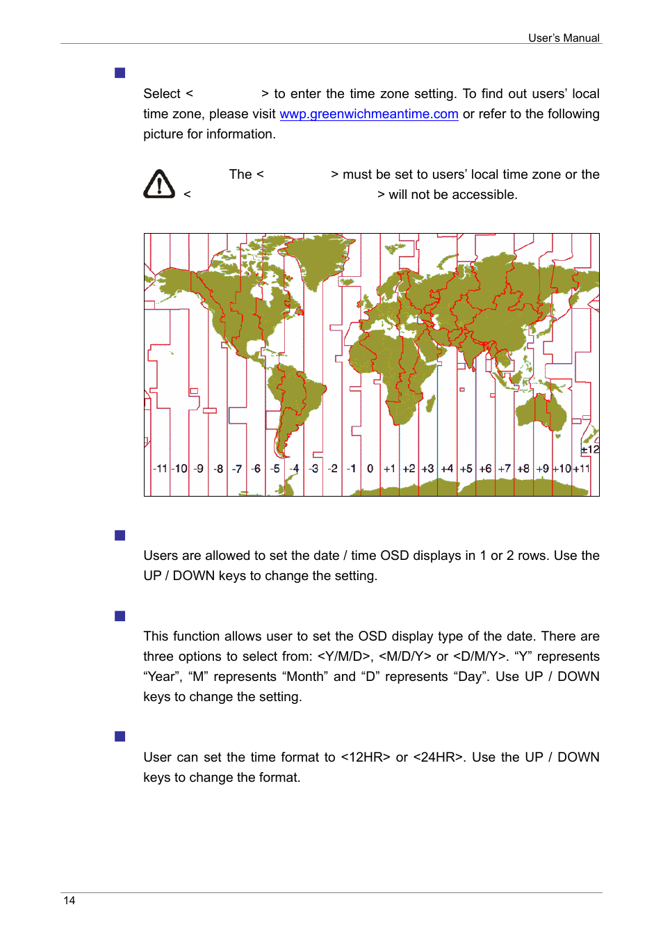 Time zone, Date / time display, Date display mode | Time display mode | ARM Electronics XR&HD480 OSD User Manual | Page 15 / 111