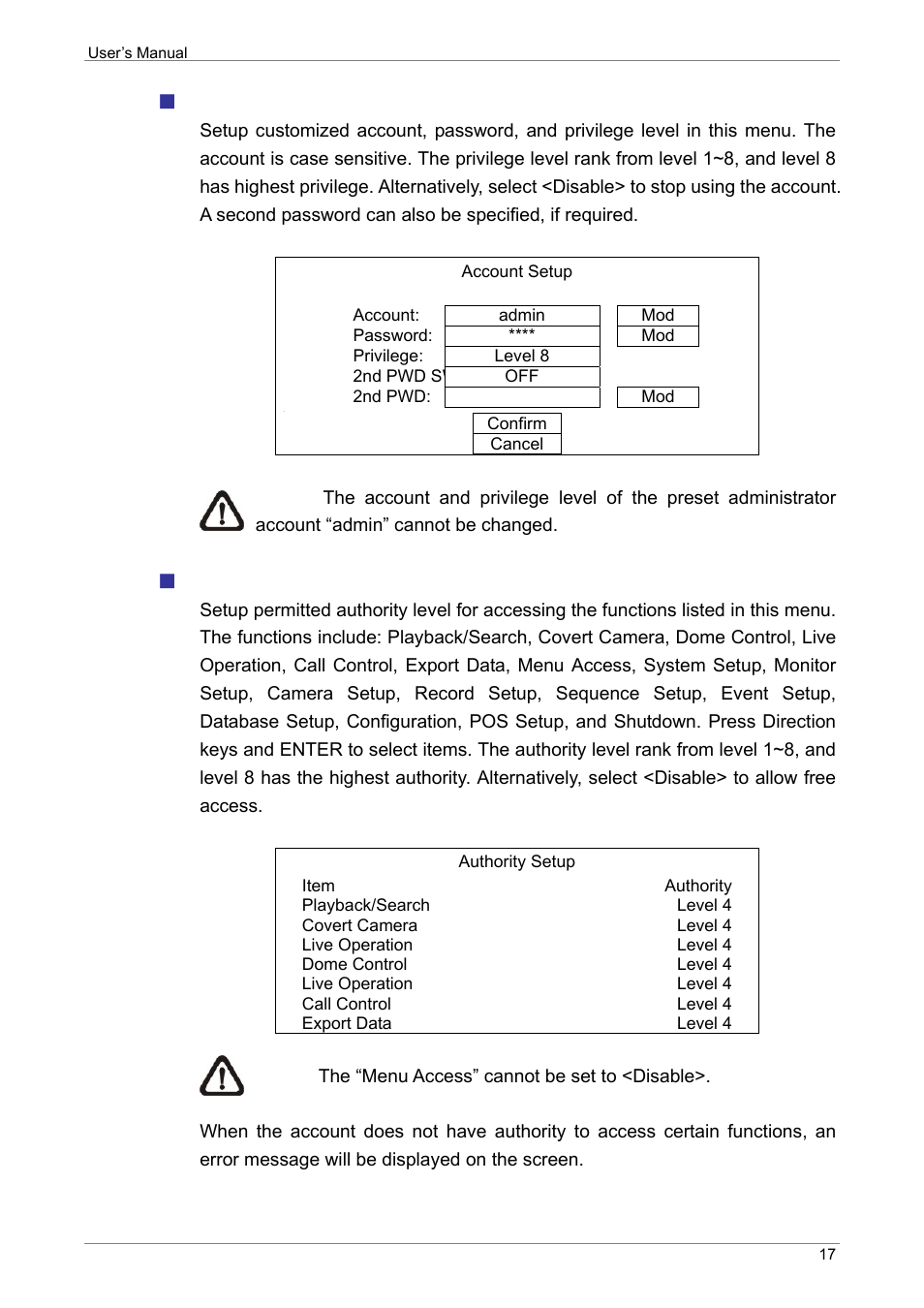 Account setup, Authority setup | ARM Electronics XR&HD480 OSD User Manual | Page 18 / 111