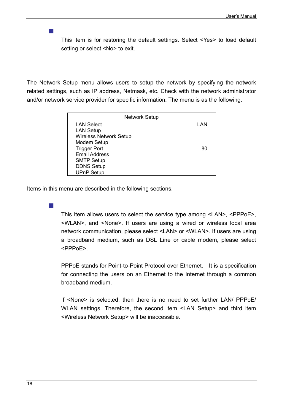 Network setup, Load default setting, Lan select | ARM Electronics XR&HD480 OSD User Manual | Page 19 / 111