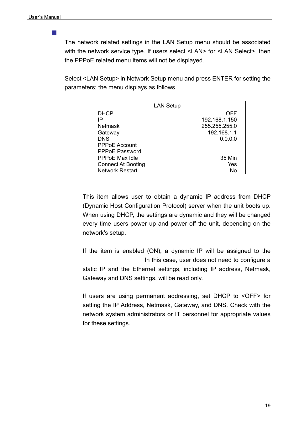 Lan setup, Dhcp | ARM Electronics XR&HD480 OSD User Manual | Page 20 / 111
