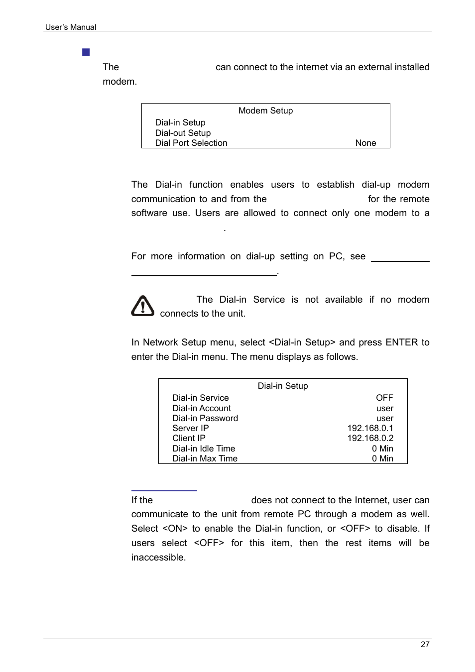 Modem setup, Dial-in setup | ARM Electronics XR&HD480 OSD User Manual | Page 28 / 111