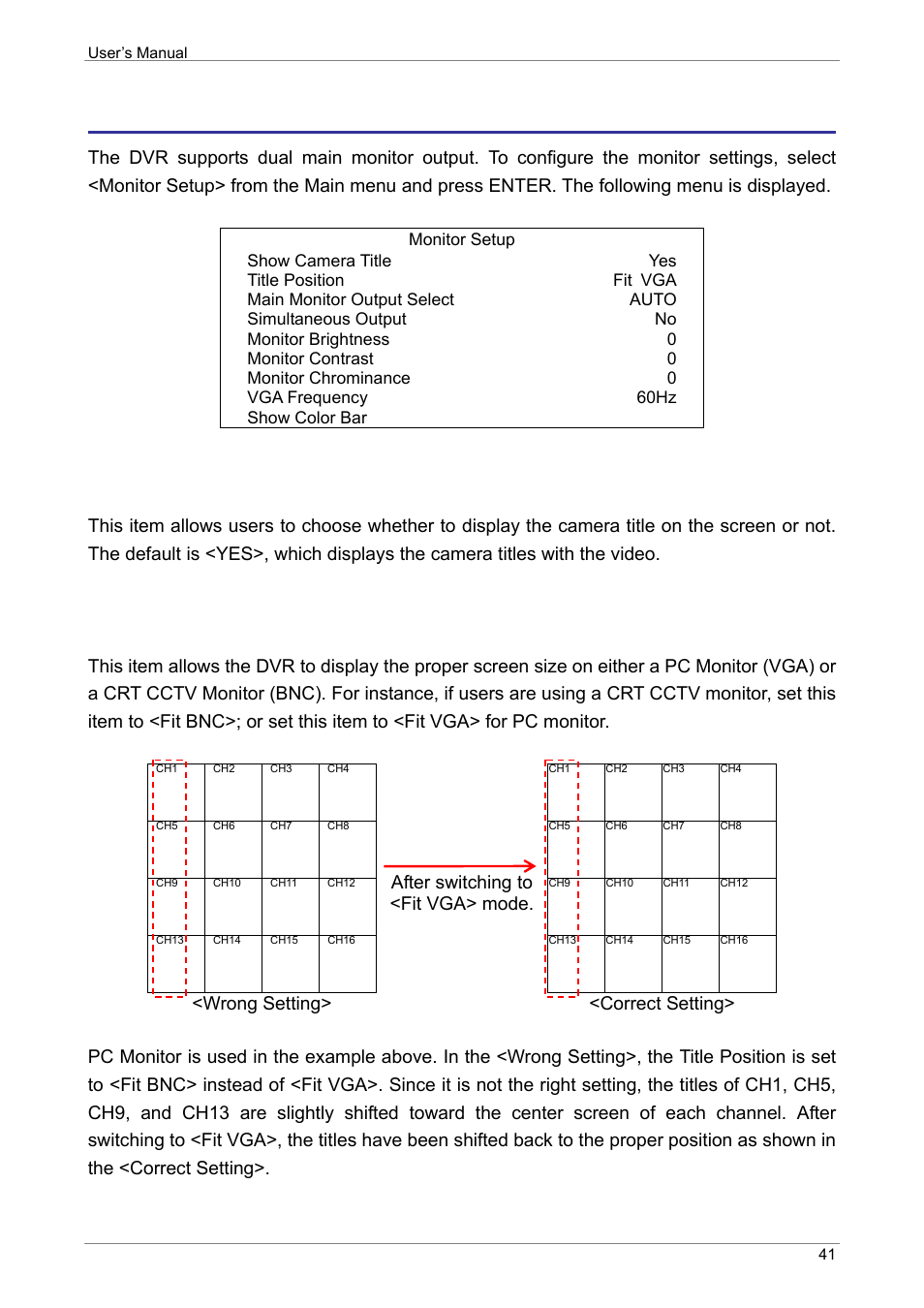 Monitor setup, Show camera title, Title position | ARM Electronics XR&HD480 OSD User Manual | Page 42 / 111