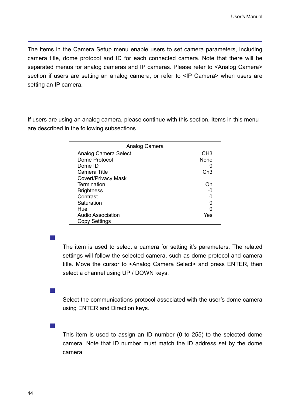 Camera setup, Analog camera, Analog camera select | Dome protocol, Dome id | ARM Electronics XR&HD480 OSD User Manual | Page 45 / 111