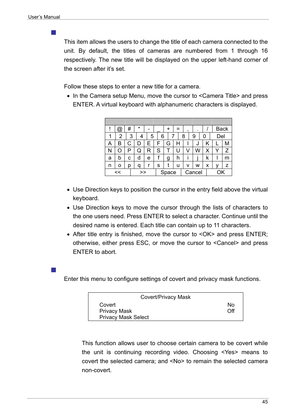 Camera title, Covert/privacy mask, Covert | ARM Electronics XR&HD480 OSD User Manual | Page 46 / 111