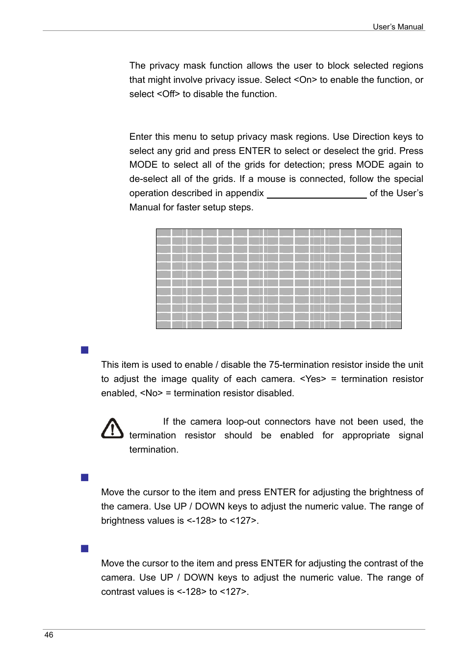 Termination, Brightness, Contrast | Privacy mask, Privacy mask select | ARM Electronics XR&HD480 OSD User Manual | Page 47 / 111