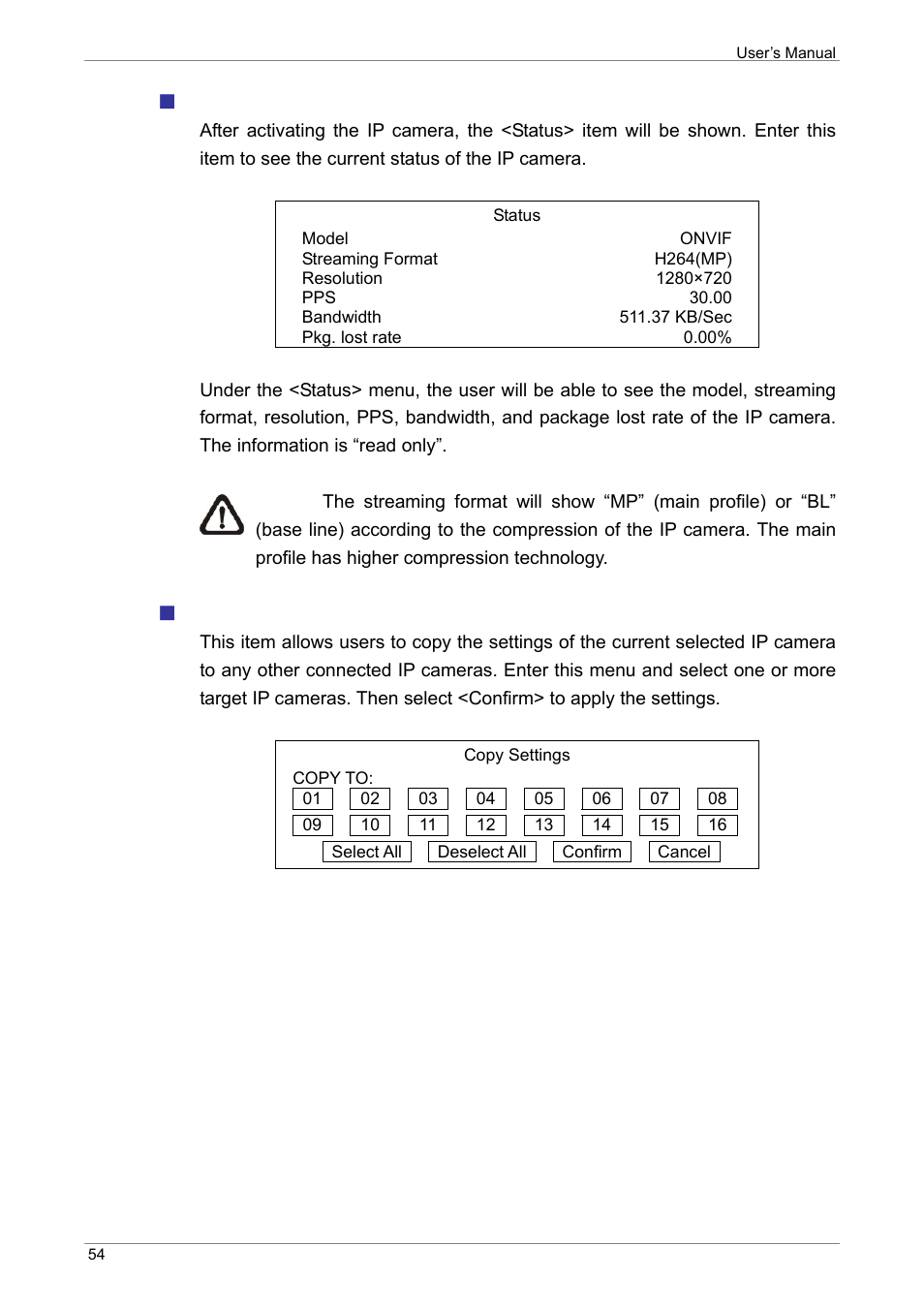 Status, Copy settings | ARM Electronics XR&HD480 OSD User Manual | Page 55 / 111