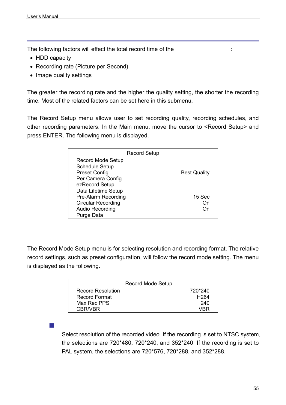 Record setup, Record mode setup, Record resolution | ARM Electronics XR&HD480 OSD User Manual | Page 56 / 111
