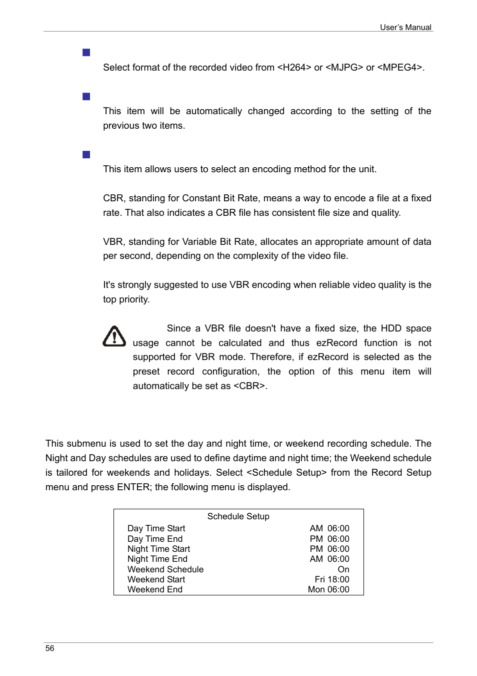 Schedule setup, Record format, Max rec pps | Cbr/vbr | ARM Electronics XR&HD480 OSD User Manual | Page 57 / 111