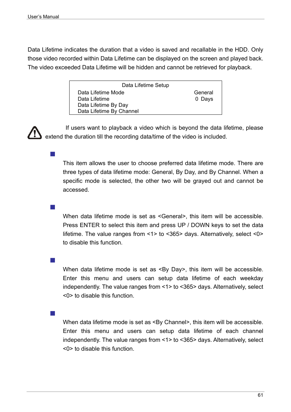 Data lifetime setup, Data lifetime mode, Data lifetime | Data lifetime by day, Data lifetime by channel | ARM Electronics XR&HD480 OSD User Manual | Page 62 / 111
