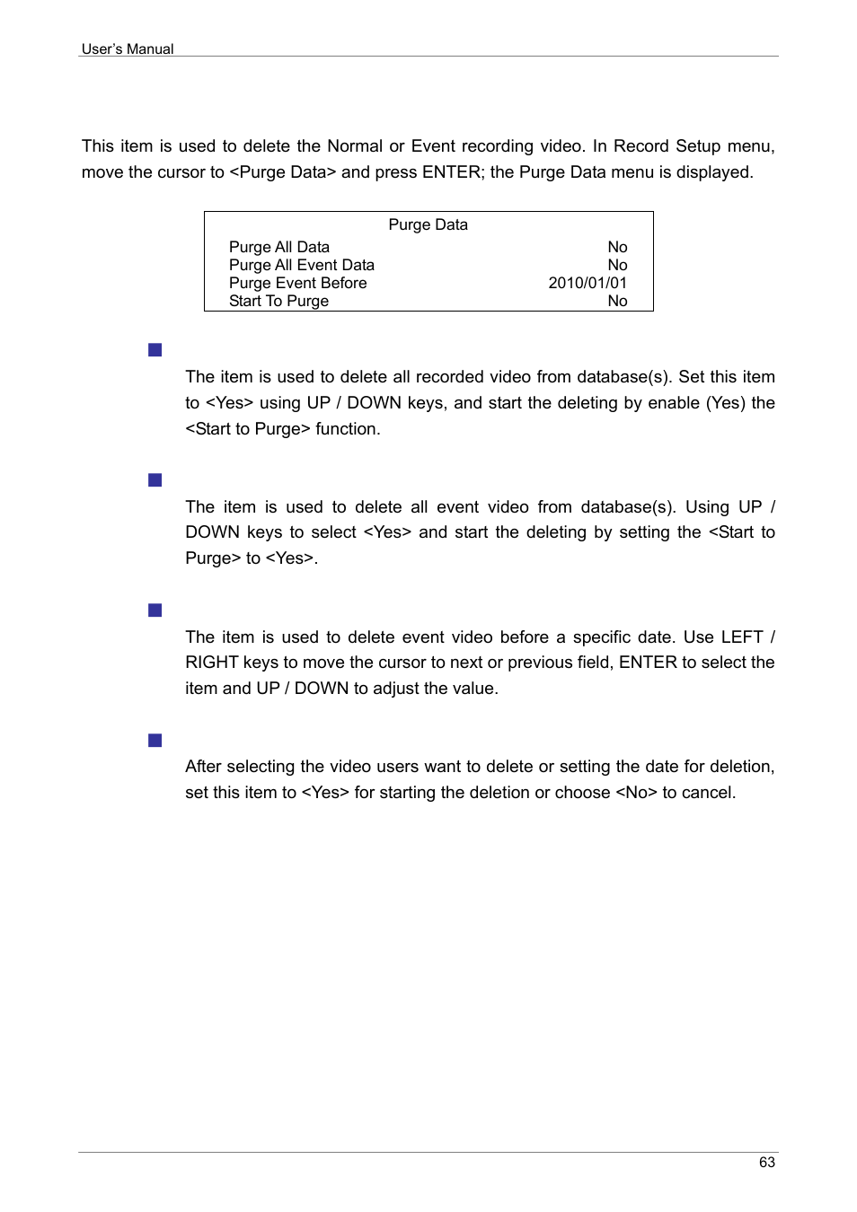 Purge data, Purge all data, Purge all event data | Purge event before, Start to purge | ARM Electronics XR&HD480 OSD User Manual | Page 64 / 111